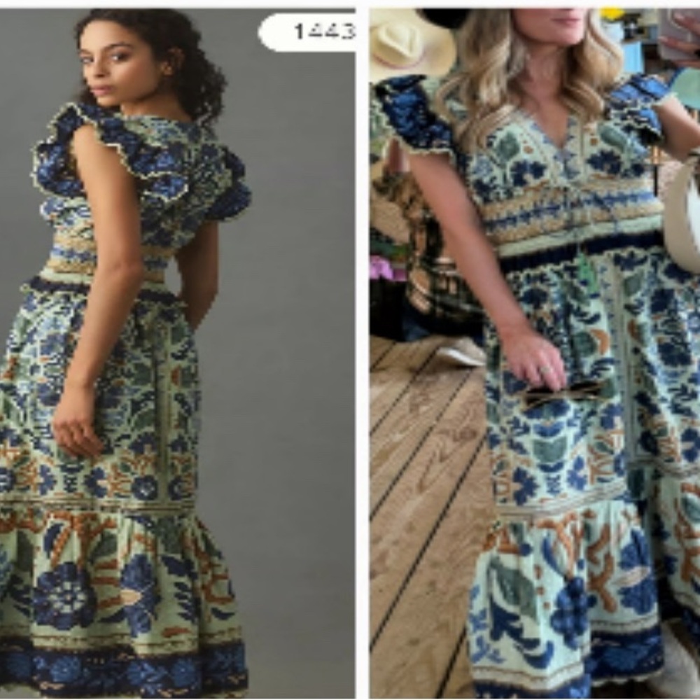 Farm Rio Ocean Tapestry Dress Anthropologie VNeck Flutter Sleeve Floral Sz LNEW